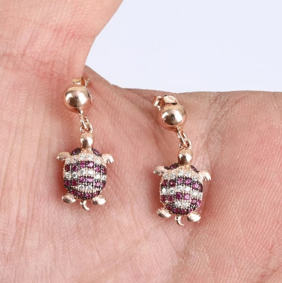 Ruby & white topaz Sterling & gold turtle earnings - Picture 5 of 13